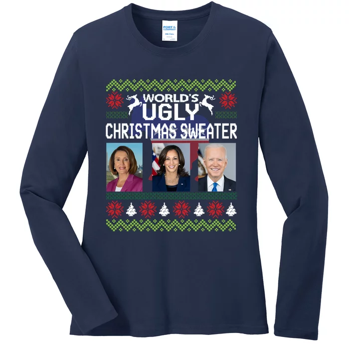 Meme World's Ugly Pelosi Kamala Joe Biden Christmas Sweater Funny Anti Biden Ladies Long Sleeve Shirt