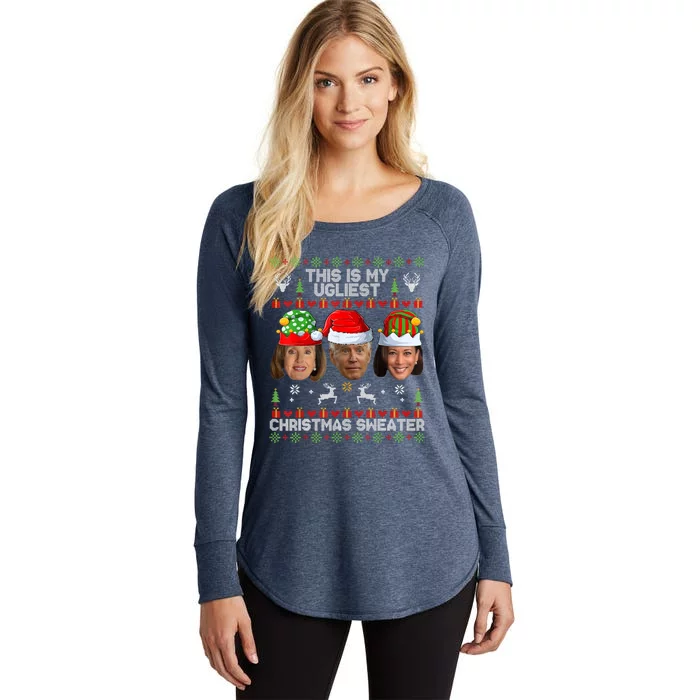 Meme World's Ugly Pelosi Kamala Joe Biden Christmas Sweater Funny Anti Biden Women's Perfect Tri Tunic Long Sleeve Shirt