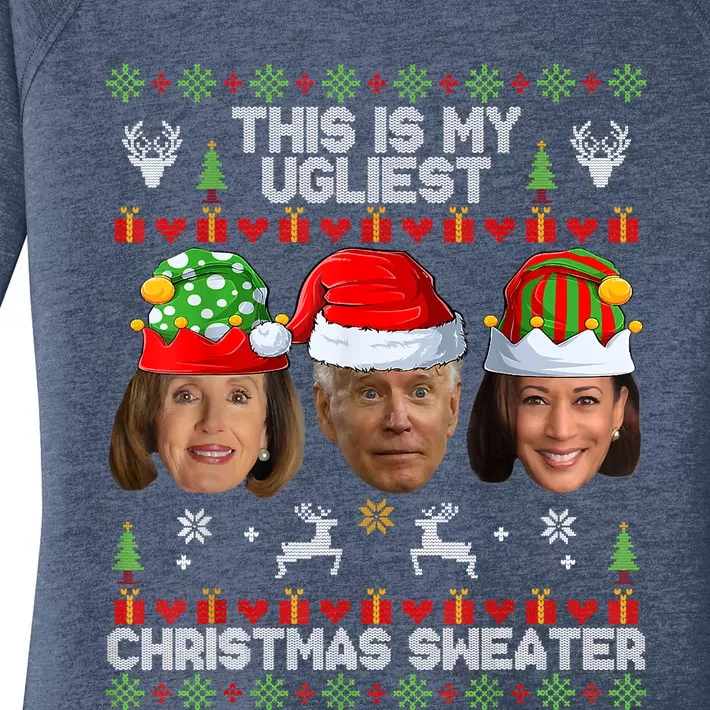 Meme World's Ugly Pelosi Kamala Joe Biden Christmas Sweater Funny Anti Biden Women's Perfect Tri Tunic Long Sleeve Shirt