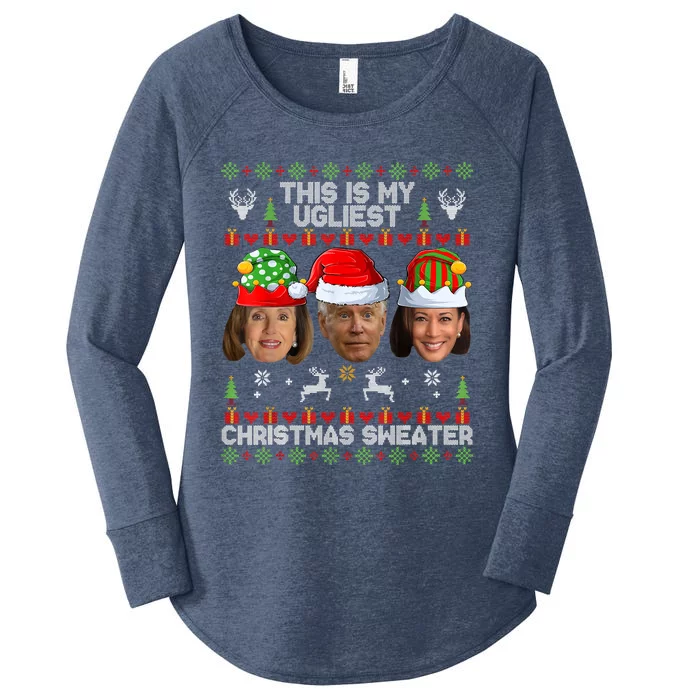 Meme World's Ugly Pelosi Kamala Joe Biden Christmas Sweater Funny Anti Biden Women's Perfect Tri Tunic Long Sleeve Shirt