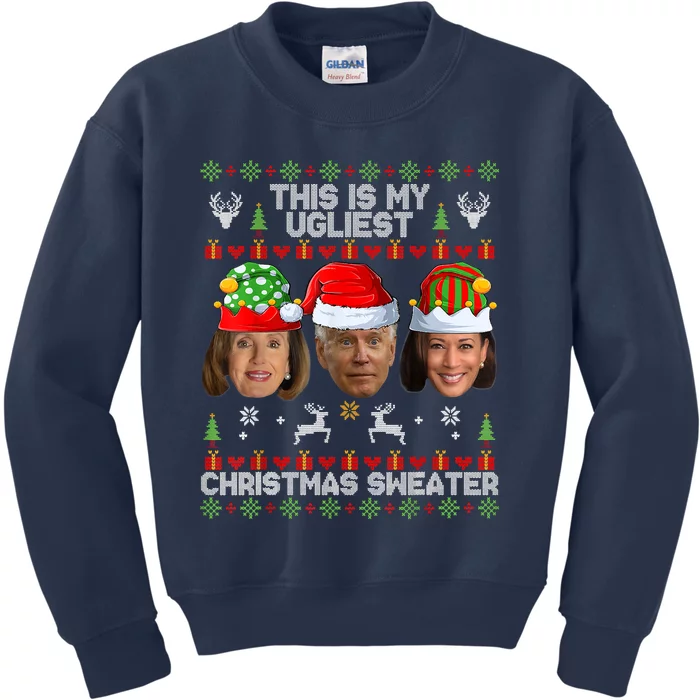 Meme World's Ugly Pelosi Kamala Joe Biden Christmas Sweater Funny Anti Biden Kids Sweatshirt