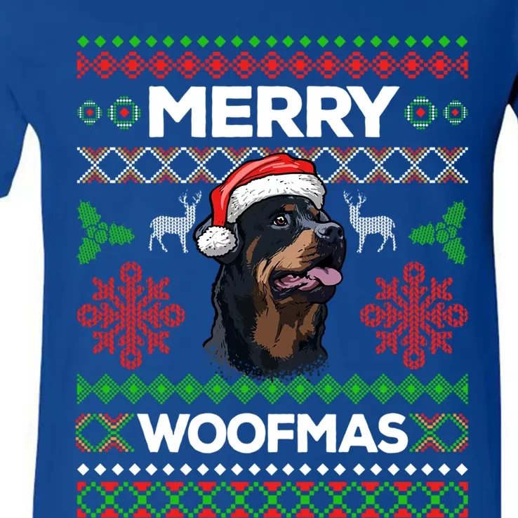 Merry Woofmas Ugly Sweater Christmas Rottweiler Lover Gift V-Neck T-Shirt