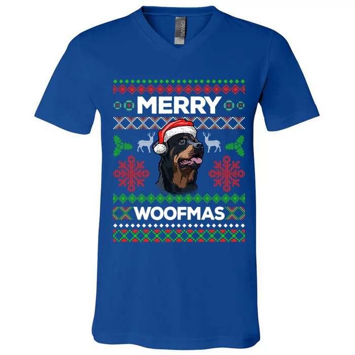 Merry Woofmas Ugly Sweater Christmas Rottweiler Lover Gift V-Neck T-Shirt