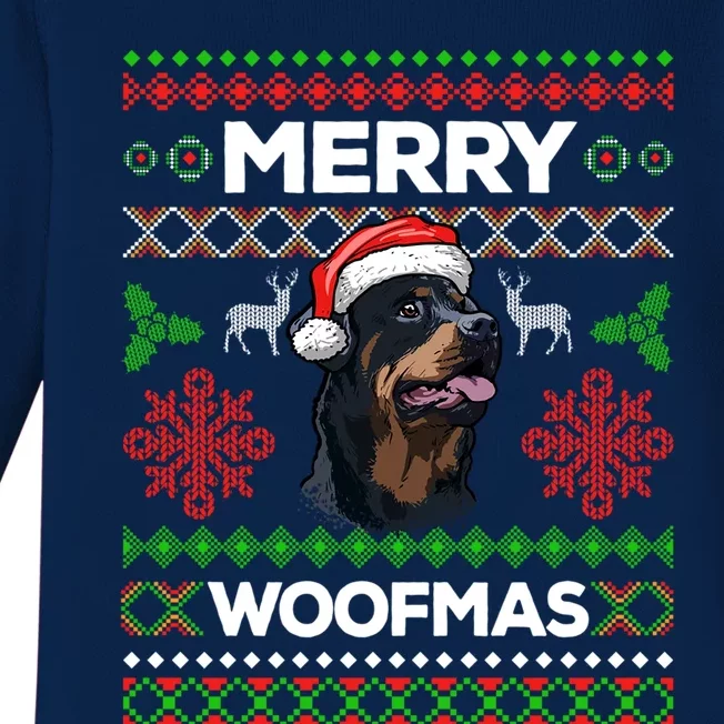 Merry Woofmas Ugly Sweater Christmas Rottweiler Lover Gift Baby Long Sleeve Bodysuit