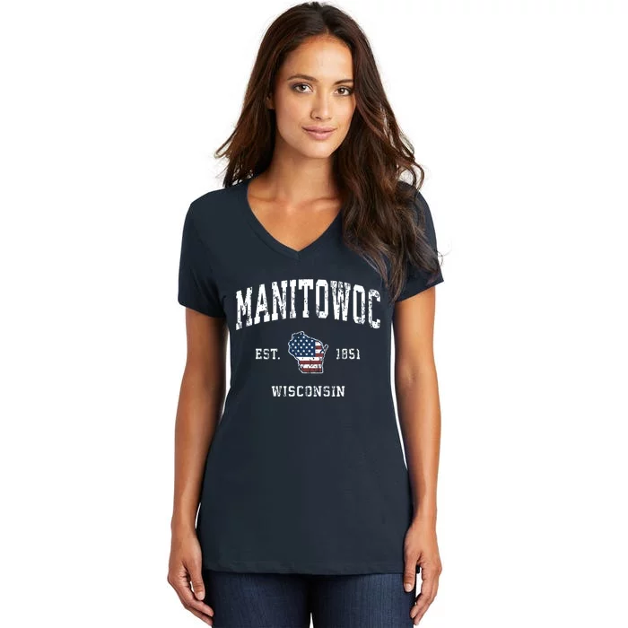 Manitowoc Wisconsin Wi Vintage American Flag Sports Design Women's V-Neck T-Shirt