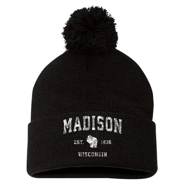 Madison Wisconsin Wi Vintage Athletic Sports Design Pom Pom 12in Knit Beanie