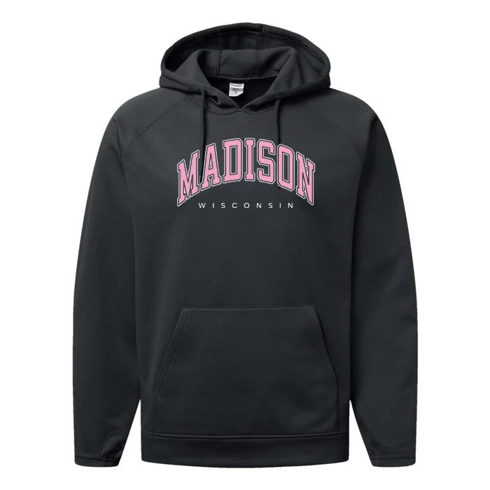 Madison Wisconsin WI Varsity Pink Text Performance Fleece Hoodie