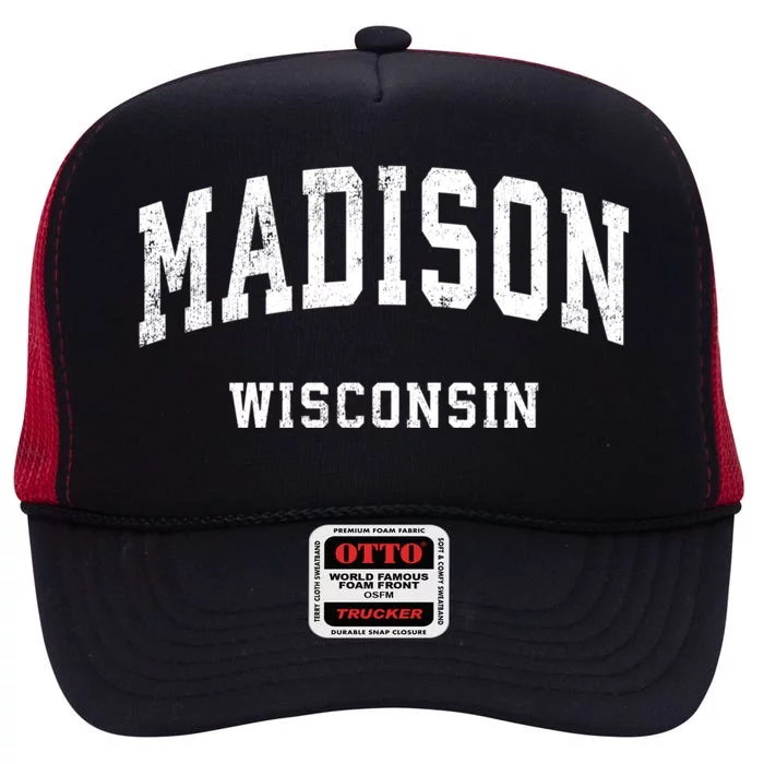 Madison Wisconsin Wi Vintage Athletic Sports Design High Crown Mesh Trucker Hat