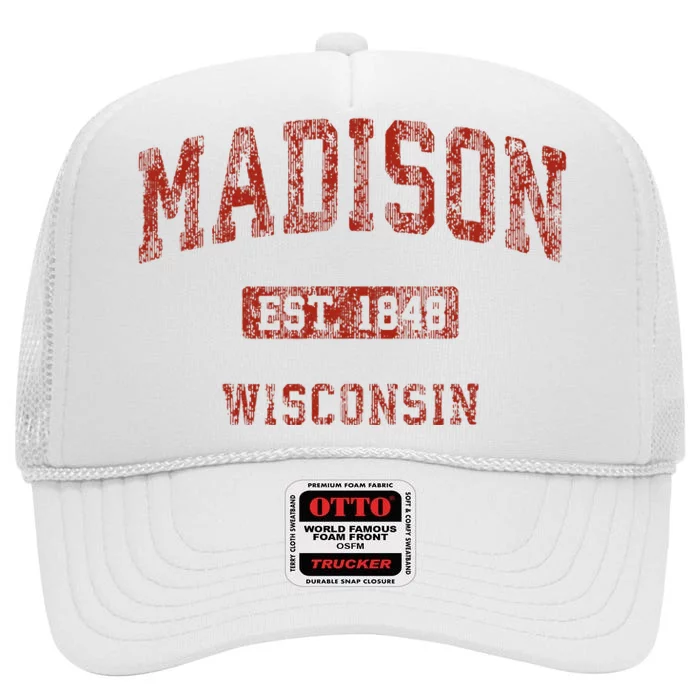 Madison Wisconsin Wi Vintage Athletic Sports High Crown Mesh Trucker Hat