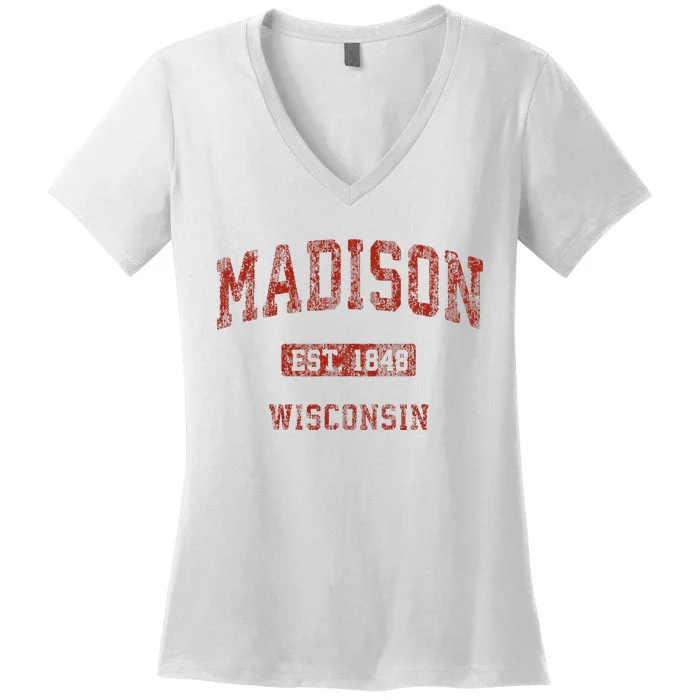 Madison Wisconsin Wi Vintage Athletic Sports Women's V-Neck T-Shirt