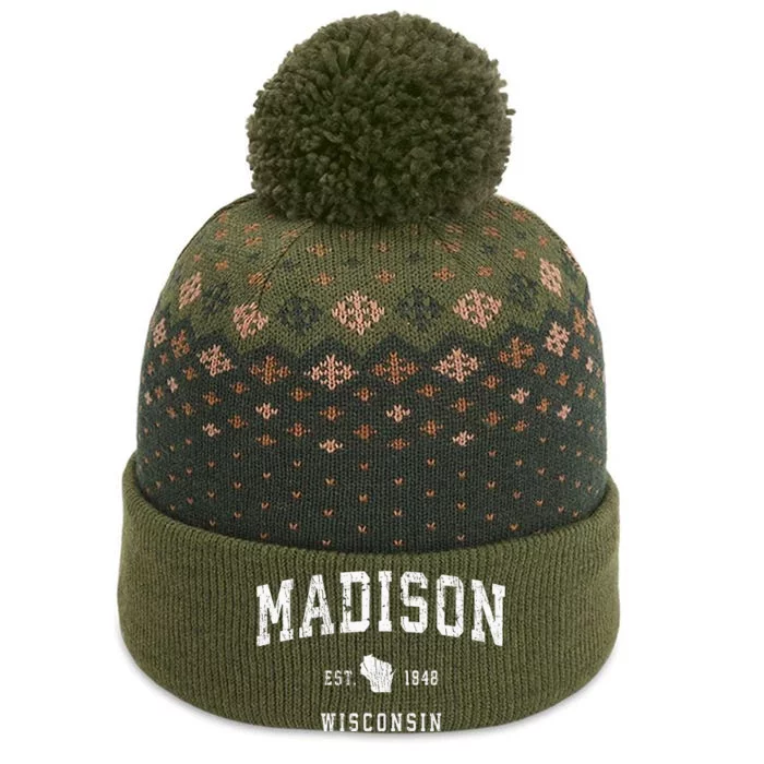 Madison Wisconsin Wi Vintage Athletic Sports Design The Baniff Cuffed Pom Beanie