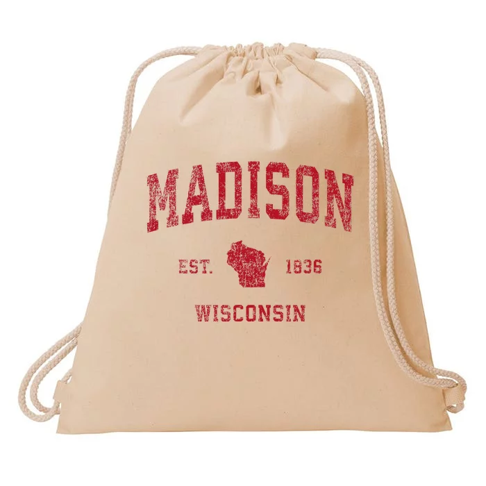 Madison Wisconsin Wi Vintage Sports Design Red Print Drawstring Bag