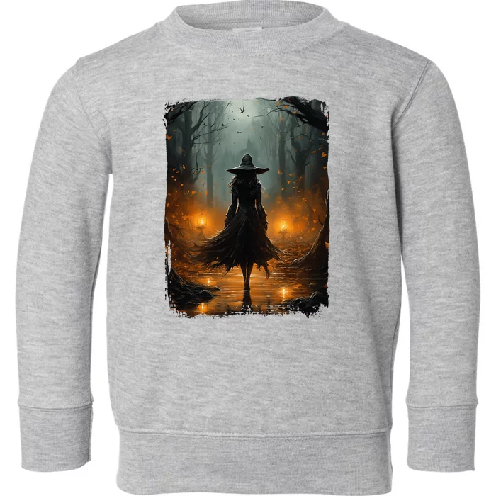 Mystical Witch Walking The Forest Halloween Gothic Painting Toddler Sweatshirt