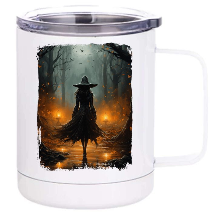 Mystical Witch Walking The Forest Halloween Gothic Painting Front & Back 12oz Stainless Steel Tumbler Cup