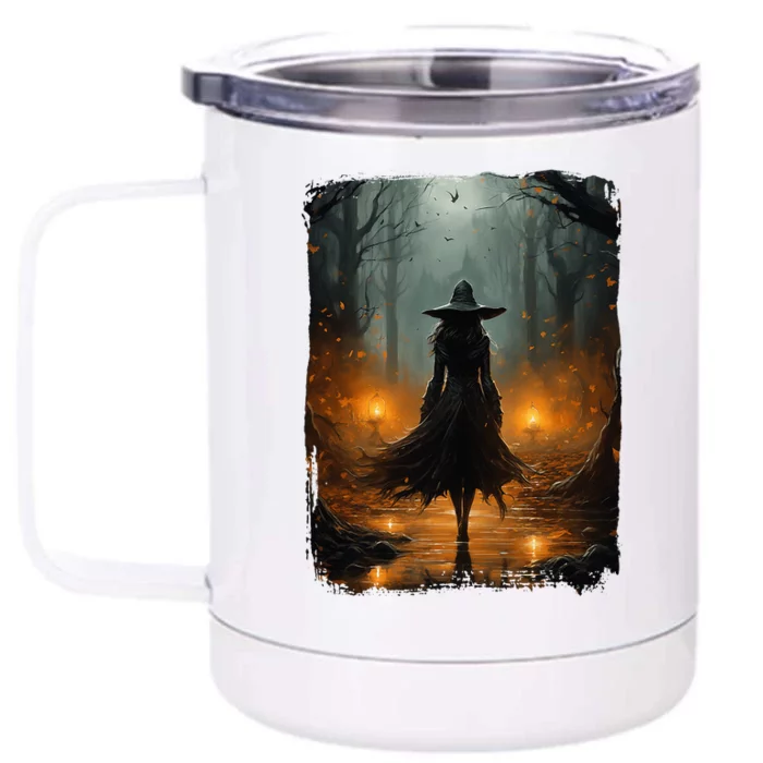 Mystical Witch Walking The Forest Halloween Gothic Painting Front & Back 12oz Stainless Steel Tumbler Cup