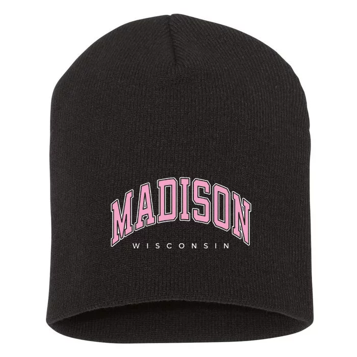 Madison Wisconsin WI Varsity Pink Text Short Acrylic Beanie