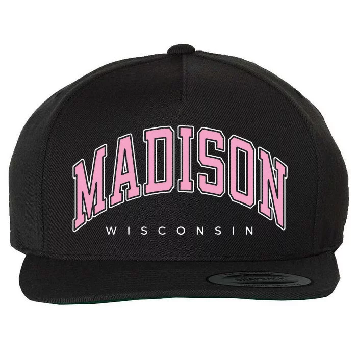 Madison Wisconsin WI Varsity Pink Text Wool Snapback Cap