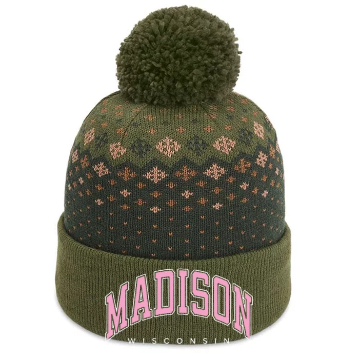 Madison Wisconsin WI Varsity Pink Text The Baniff Cuffed Pom Beanie