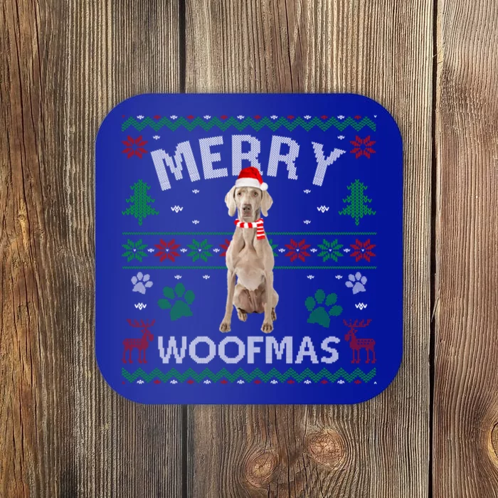 Merry Woofmas Weimaraner Ugly Sweater Santa Hat Gift Coaster