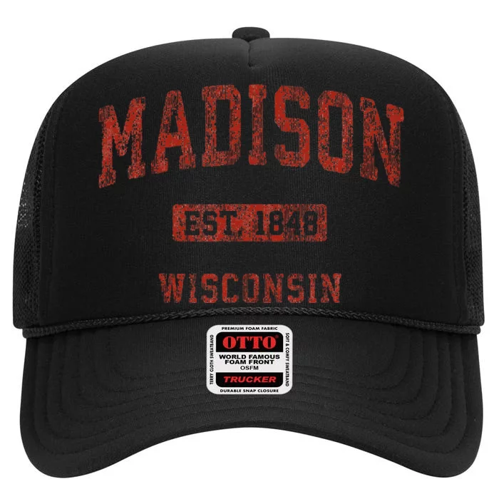 Madison Wisconsin Wi Vintage Athletic Sports Design High Crown Mesh Trucker Hat