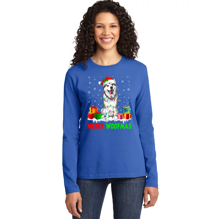 Merry Woofmas Xmas Lights Cute Siberian Husky Dog Pajama Great Gift Ladies Long Sleeve Shirt