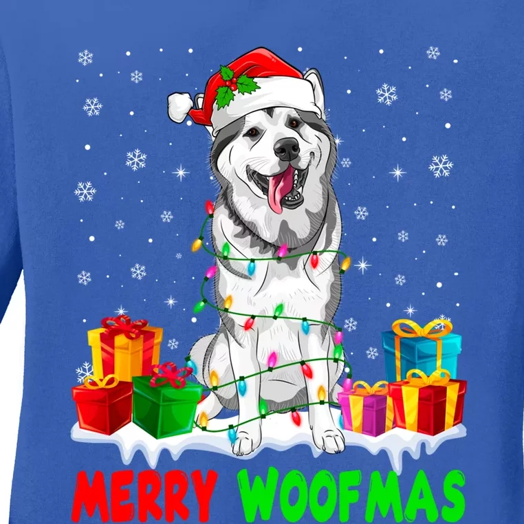 Merry Woofmas Xmas Lights Cute Siberian Husky Dog Pajama Great Gift Ladies Long Sleeve Shirt