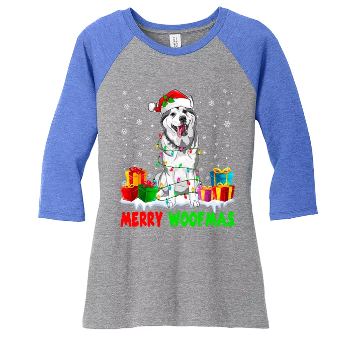 Merry Woofmas Xmas Lights Cute Siberian Husky Dog Pajama Great Gift Women's Tri-Blend 3/4-Sleeve Raglan Shirt