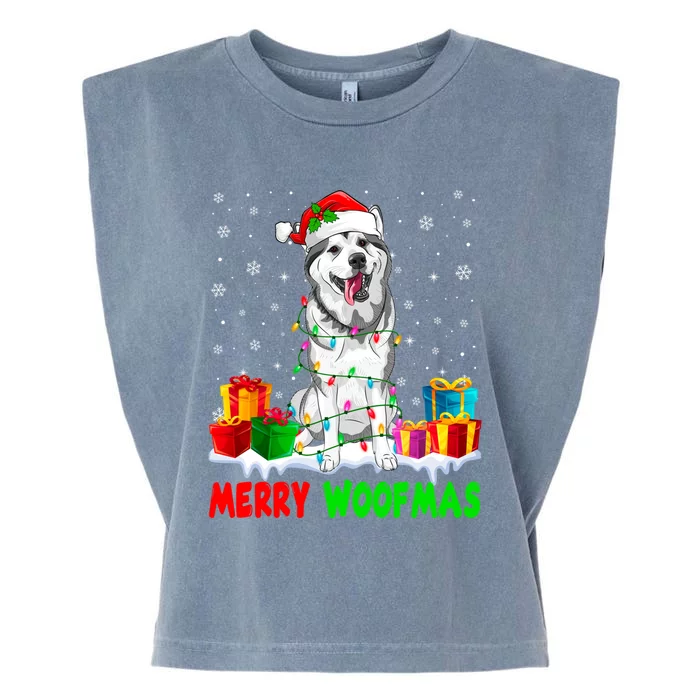 Merry Woofmas Xmas Lights Cute Siberian Husky Dog Pajama Great Gift Garment-Dyed Women's Muscle Tee