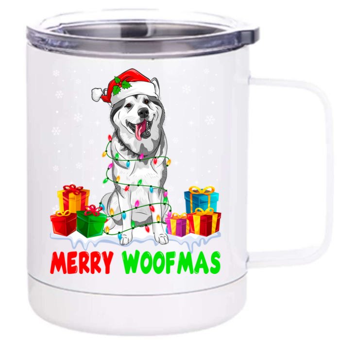 Merry Woofmas Xmas Lights Cute Siberian Husky Dog Pajama Great Gift Front & Back 12oz Stainless Steel Tumbler Cup