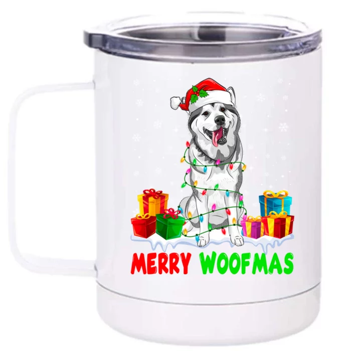 Merry Woofmas Xmas Lights Cute Siberian Husky Dog Pajama Great Gift Front & Back 12oz Stainless Steel Tumbler Cup