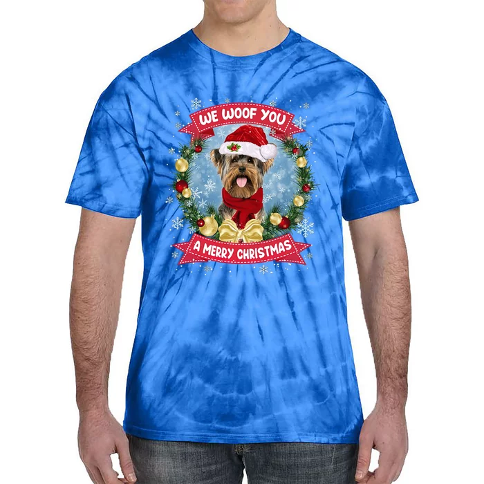 Merry Woofmas Yorkshire Terrier Dog Christmas Wreath Cool Gift Tie-Dye T-Shirt