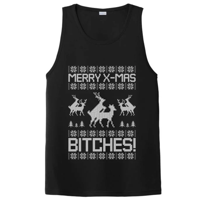 Merry Xmas Bitches Humping Reindeer Ugly Christmas Cool Gift Performance Tank