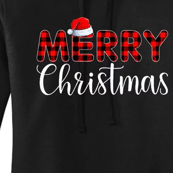 Merry xmas Buffalo Plaid Red Santa Hat Pajama Women's Pullover Hoodie