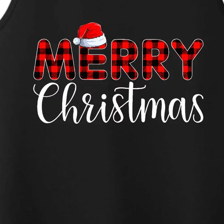 Merry xmas Buffalo Plaid Red Santa Hat Pajama Performance Tank