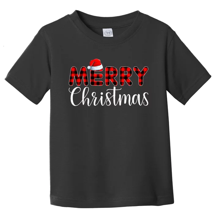 Merry xmas Buffalo Plaid Red Santa Hat Pajama Toddler T-Shirt