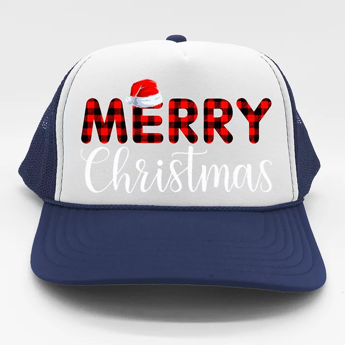 Merry xmas Buffalo Plaid Red Santa Hat Pajama Trucker Hat