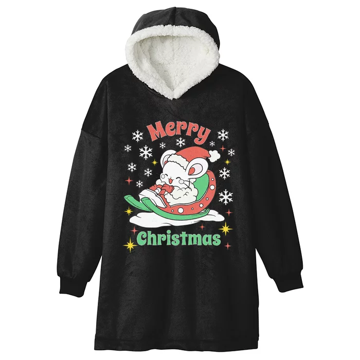 Merry Xmas Cute Mouse Winter Sleigh Hooded Wearable Blanket