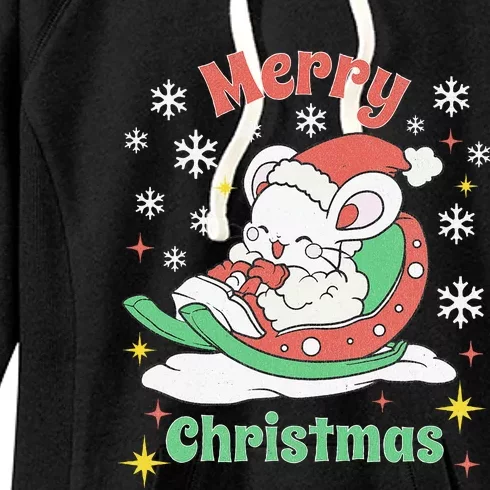 Merry Xmas Cute Mouse Winter Sleigh Women's Fleece Hoodie