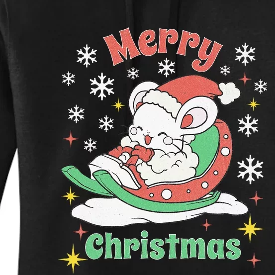 Merry Xmas Cute Mouse Winter Sleigh Women's Pullover Hoodie