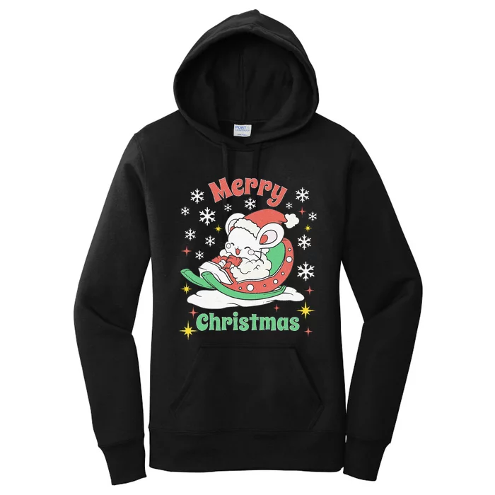 Merry Xmas Cute Mouse Winter Sleigh Women's Pullover Hoodie