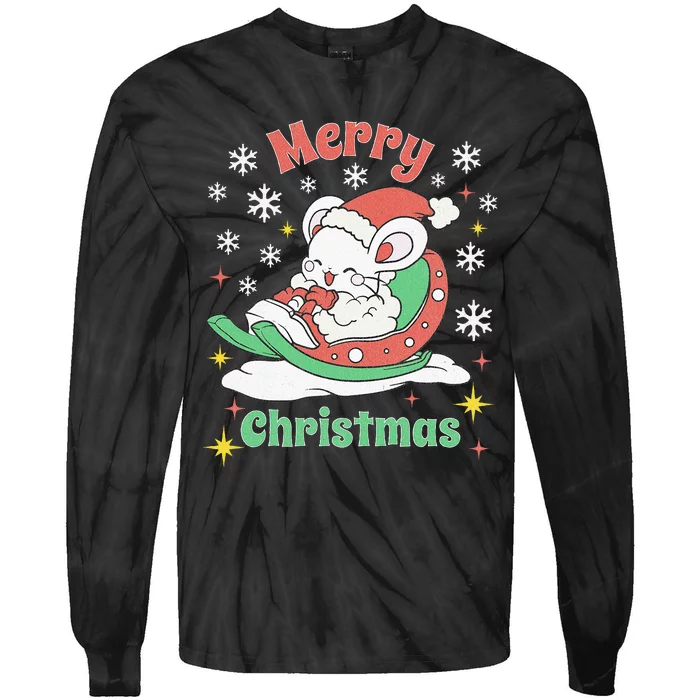 Merry Xmas Cute Mouse Winter Sleigh Tie-Dye Long Sleeve Shirt