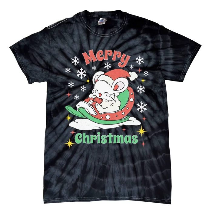 Merry Xmas Cute Mouse Winter Sleigh Tie-Dye T-Shirt