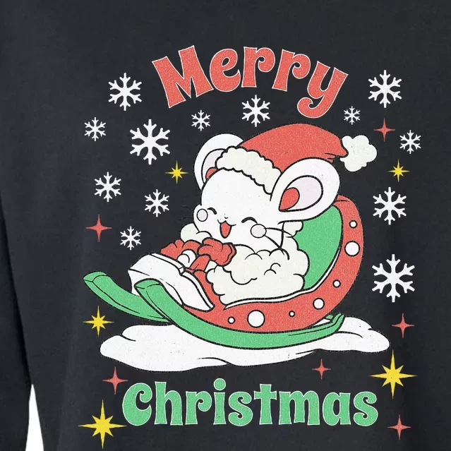 Merry Xmas Cute Mouse Winter Sleigh Cropped Pullover Crew