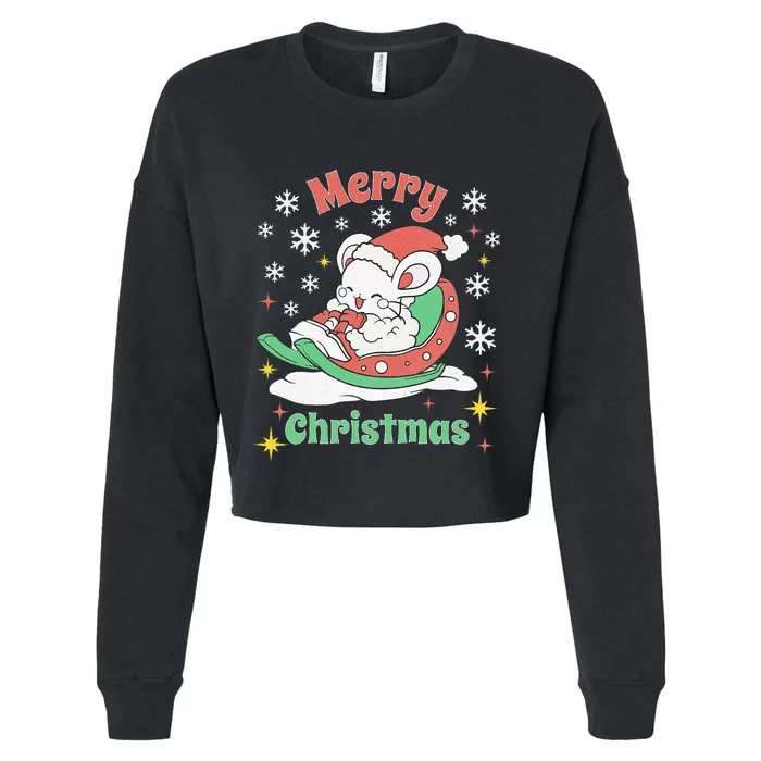 Merry Xmas Cute Mouse Winter Sleigh Cropped Pullover Crew