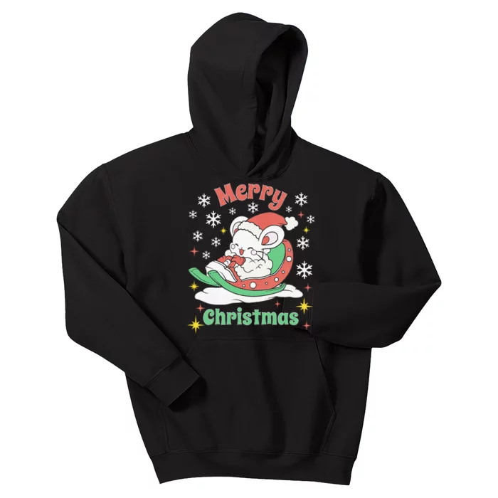 Merry Xmas Cute Mouse Winter Sleigh Kids Hoodie