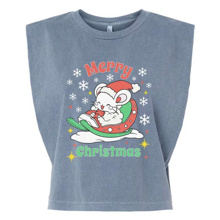 Merry Xmas Cute Mouse Winter Sleigh Garment-Dyed Women's Muscle Tee