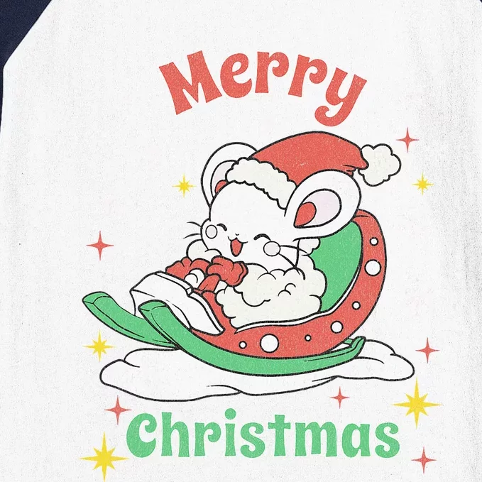 Merry Xmas Cute Mouse Winter Sleigh Baseball Sleeve Shirt