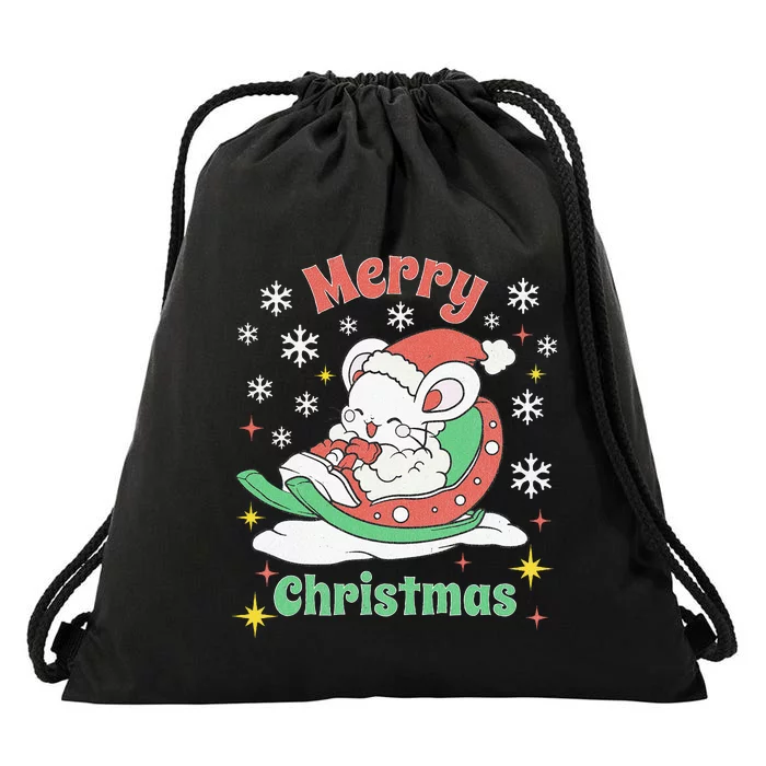 Merry Xmas Cute Mouse Winter Sleigh Drawstring Bag