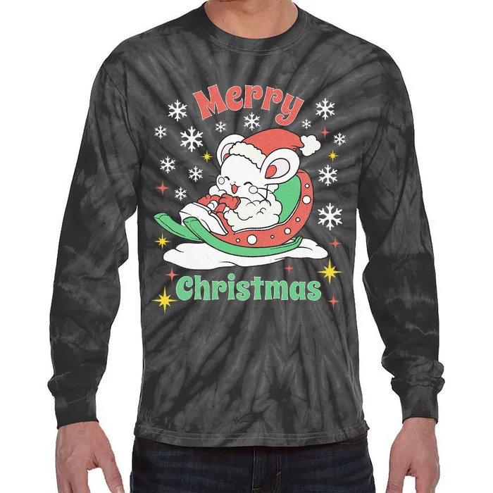 Merry Xmas Cute Mouse Winter Sleigh Tie-Dye Long Sleeve Shirt