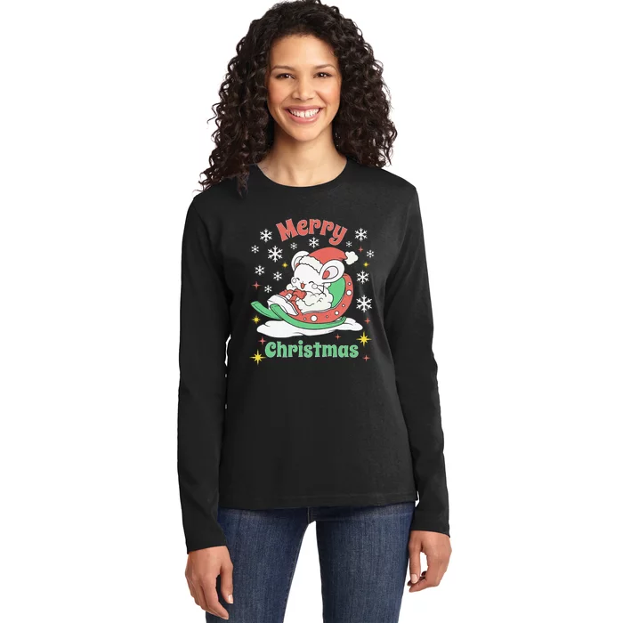 Merry Xmas Cute Mouse Winter Sleigh Ladies Long Sleeve Shirt